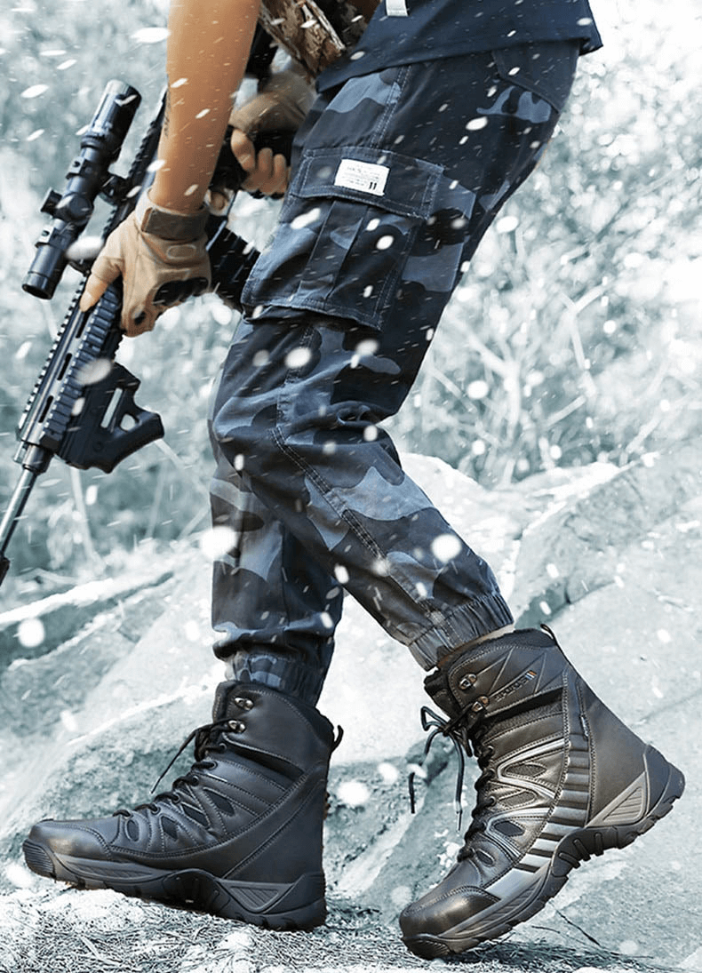 Man wearing waterproof leather anti-slip military snow boots SF0804 with warm plush inside, standing in snow with gear.